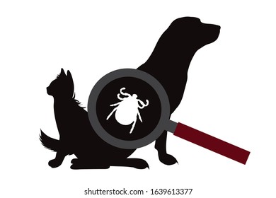 Vector silhouette of tick under magnifying glass sitting on dog and cat on white background. Symbol of insect who annoying animal. Danger of Lyme disease and encephalitis.