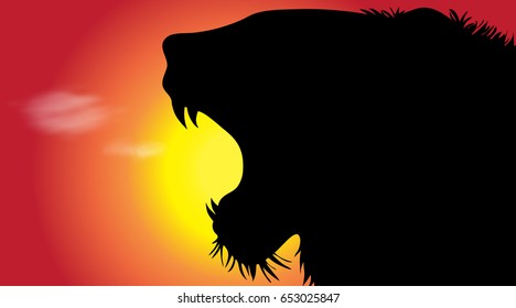 Vector silhouette of tiger at sunset.