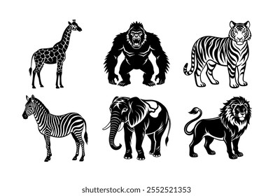 Silhueta vetorial de tigre, leão, elefante, girafa, gorila e zebra