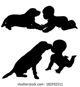 Vector silhouette of a toddler with dog.