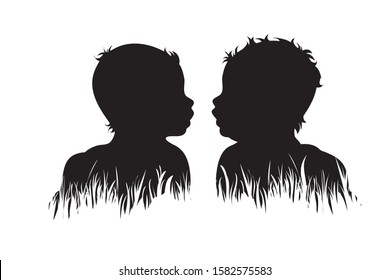 Vector silhouette of toddler in the grass on white background. Symbol of girl, boy, son, baby, daughter, infant, childhood, nature, park, garden.