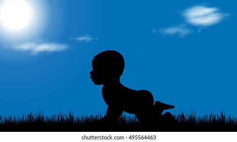 Vector silhouette of toddler on grass at sunny day.