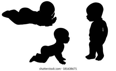 Vector silhouette of a toddler on a white background. 