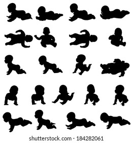 Vector silhouette of a toddler on a white background.