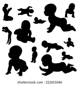 Vector silhouette of a toddler on a white background.