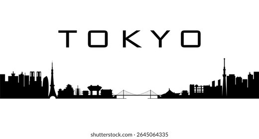 Vector silhouette of Tokyo skyline with famous landmarks, modern skyscrapers, temples, and bridges. Clean flat design ideal for travel posters, editorial, presentations, and creative projects.