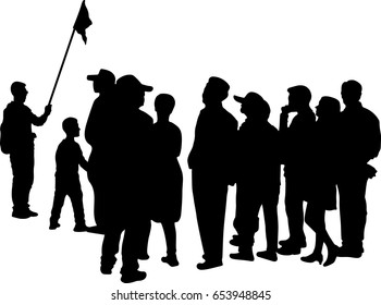 Vector silhouette of Tour guide with group of tourist on white background.