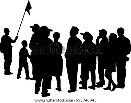 Vector silhouette of Tour guide with group of tourist on white background.