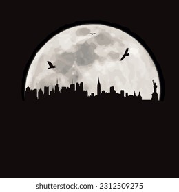 Vector silhouette of town on moon background. Symbol of night.