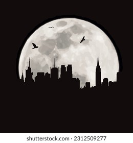 Silueta vectorial de la ciudad sobre fondo lunar. Símbolo de noche.