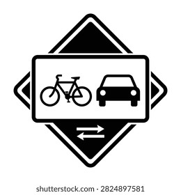 Vector silhouette traffic symbol indicating shared lane or route for both cyclists and motorists. Useful for transportation planning or safety campaigns.