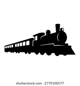 Vector silhouette of a train with multiple cars on railroad tracks in a scenic outdoor environment.