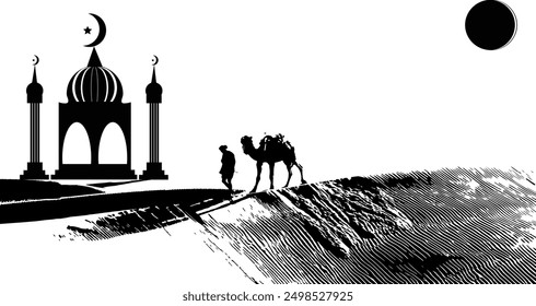 vector silhouette of a traveler and a camel in the desert and a mosque