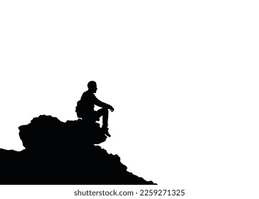 Vector Silhouette Traveler sitting on the stone  meets the sunrise in the mountain. 