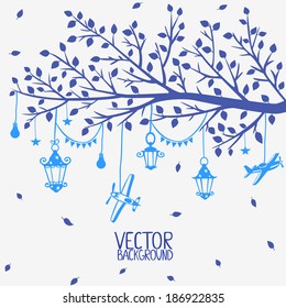 Vector silhouette of a tree branch with lanterns and airplanes