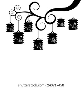Vector silhouette of a tree branch with lanterns.Black and white lanterns