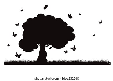 Silueta vectorial de árbol con mariposa en el prado sobre fondo blanco. Símbolo de naturaleza y animal.