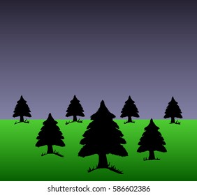 vector silhouette of a tree, a Christmas tree on a green meadow, night