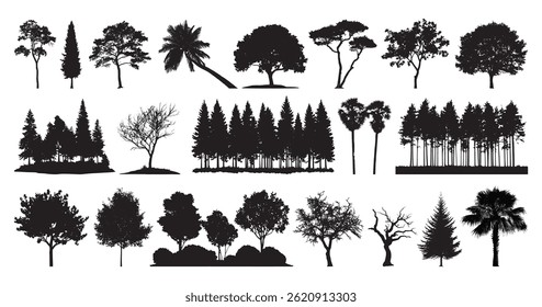 Vector silhouette of tree collection on white background.