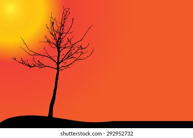 Vector silhouette of a tree in the desert at sunset.