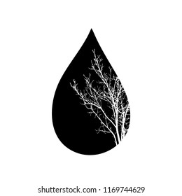 Vector silhouette of the tree in the drop on white background.