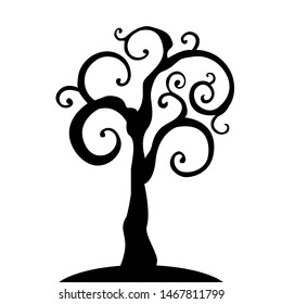 Vector silhouette of a tree with elegantly swirling branches isolated on a white background.