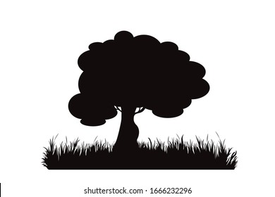 Vector silhouette of tree in meadow on white background. Symbol of nature and plant.