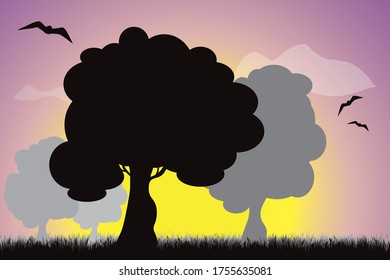 Silueta vectorial de árbol en pradera al atardecer. Símbolo de la naturaleza.