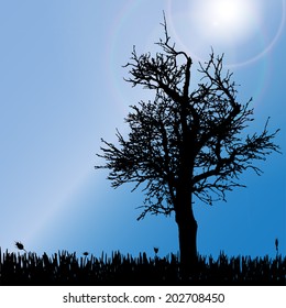 Vector silhouette of tree on the meadow.