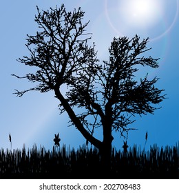 Vector silhouette of tree on the meadow.