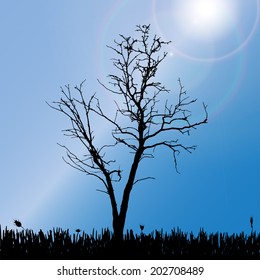 Vector silhouette of tree on the meadow.