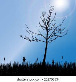 Vector silhouette of tree on the meadow.