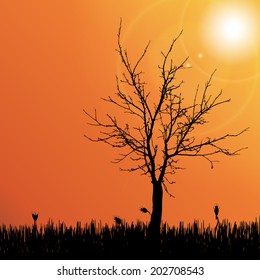 Vector silhouette of tree on the meadow.