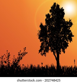 Vector silhouette of tree on the meadow.