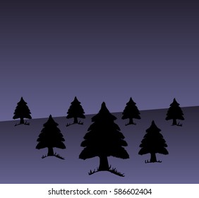 Vector silhouette of a tree,  on a  meadow, night