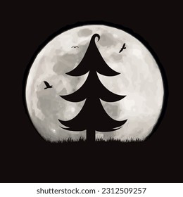 Vector silhouette of tree on moon background. Symbol of night and forest.