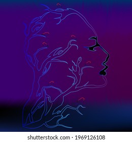 vector silhouette of a tree shaped like a man's face in blue and purple