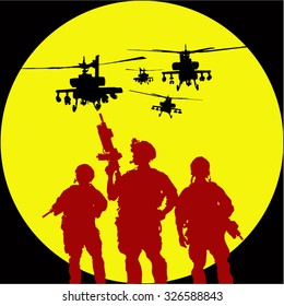 Silueta vectorial de tres soldados con helicóptero en el fondo