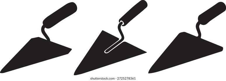 Vektorsilhouette einer Kelle in Schwarz. Einfaches Gartenwerkzeug und Mauerwerk einzeln auf weißem Hintergrund. Perfekt für Bau-, Garten-, Heimwerker- und Werkstattdesigns.