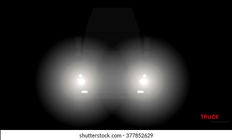 Vector Silhouette Of Truck With Headlights On Black Background.