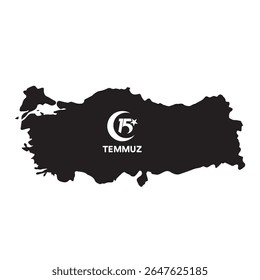 Silhueta vetorial do mapa da Turquia com o emblema "15 Temmuz" (15 de julho), comemorando o Dia da Democracia e da Unidade Nacional da Turquia. Este design é ideal para uso em artigos políticos, memorial