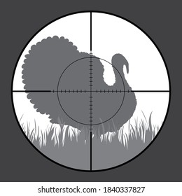 Silueta vectorial de pavo en vista de rifle mientras se caza. El cazador vigila a su víctima.