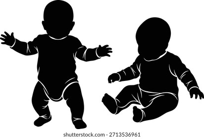 Vector silhouette of two babies in sitting and standing poses, perfect for baby care designs, parenting themes, childhood concepts, and educational materials.