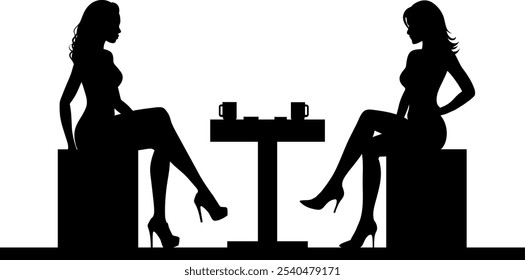Silueta del Vector - dos mujeres hermosas y confiadas que se sientan en una mesa en un café - conversación y comunicación - estilo y mirada de la moda del cuerpo - elemento del diseño