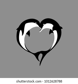 Vector silhouette of two black and white dolphin couple in love with shape heart. Greeting card illustration