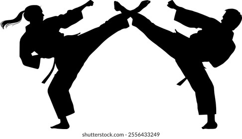 Vector silhouette two bodies man and woman kicking - Martial Arts and Self Defense - Fight and Technique