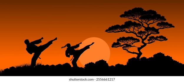 Vector silhouette two bodies man and woman kicking - martial arts and self-defense in nature at sunrise - fight and technique synchronized