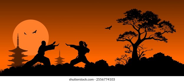 Vector silhouette two bodies man and woman doing kata - martial arts and self-defense in nature at sunrise - fight and technique - body and mind