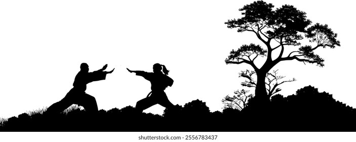 Vector silhouette two body man and woman doing kata exercise - martial arts and self defense in nature - fight and technique - body and mind