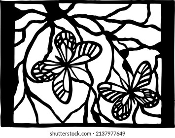 vector silhouette two butterfly on florals, stencil